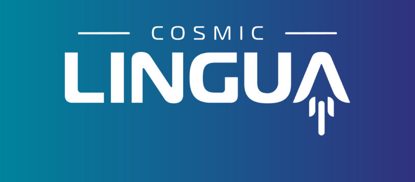 Cosmic-Lingua-Logo, weiße Schrift auf türkis in violett übergehendem Hintergrund