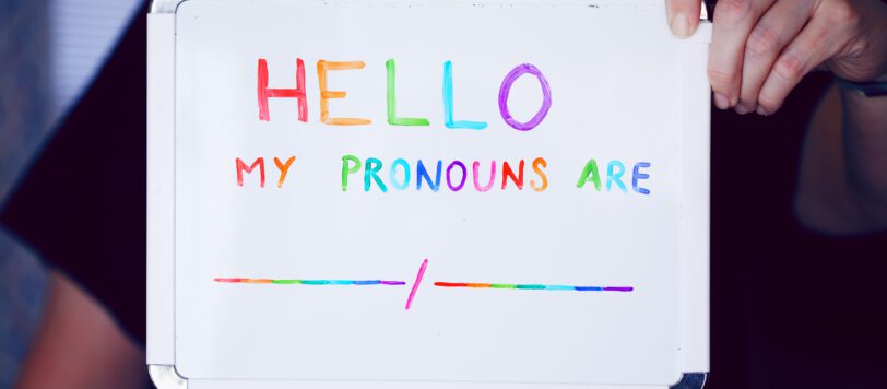 Rainbow text "hello my pronouns are", followed by a gap to be filled in