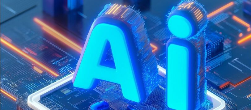 Image of a blue glowing chip with the letters AI sitting on top