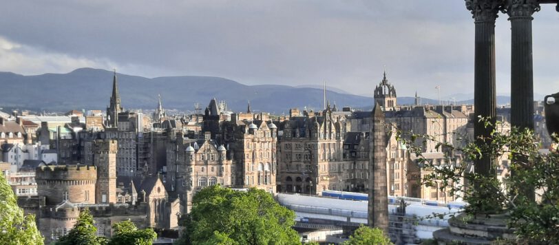 A view of Edinburgh's historic centre in golden evening light